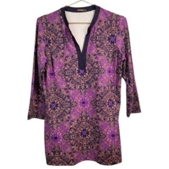 J. Mclaughlin | Catalina Cloth Boca Printed Tunic 3/4 Sleeve Purple - Picture 1 of 9